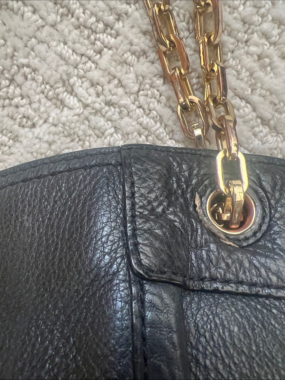 Tory Burch Black Leather Tote with Gold Logo & Chain Straps - Picture 4 of 10